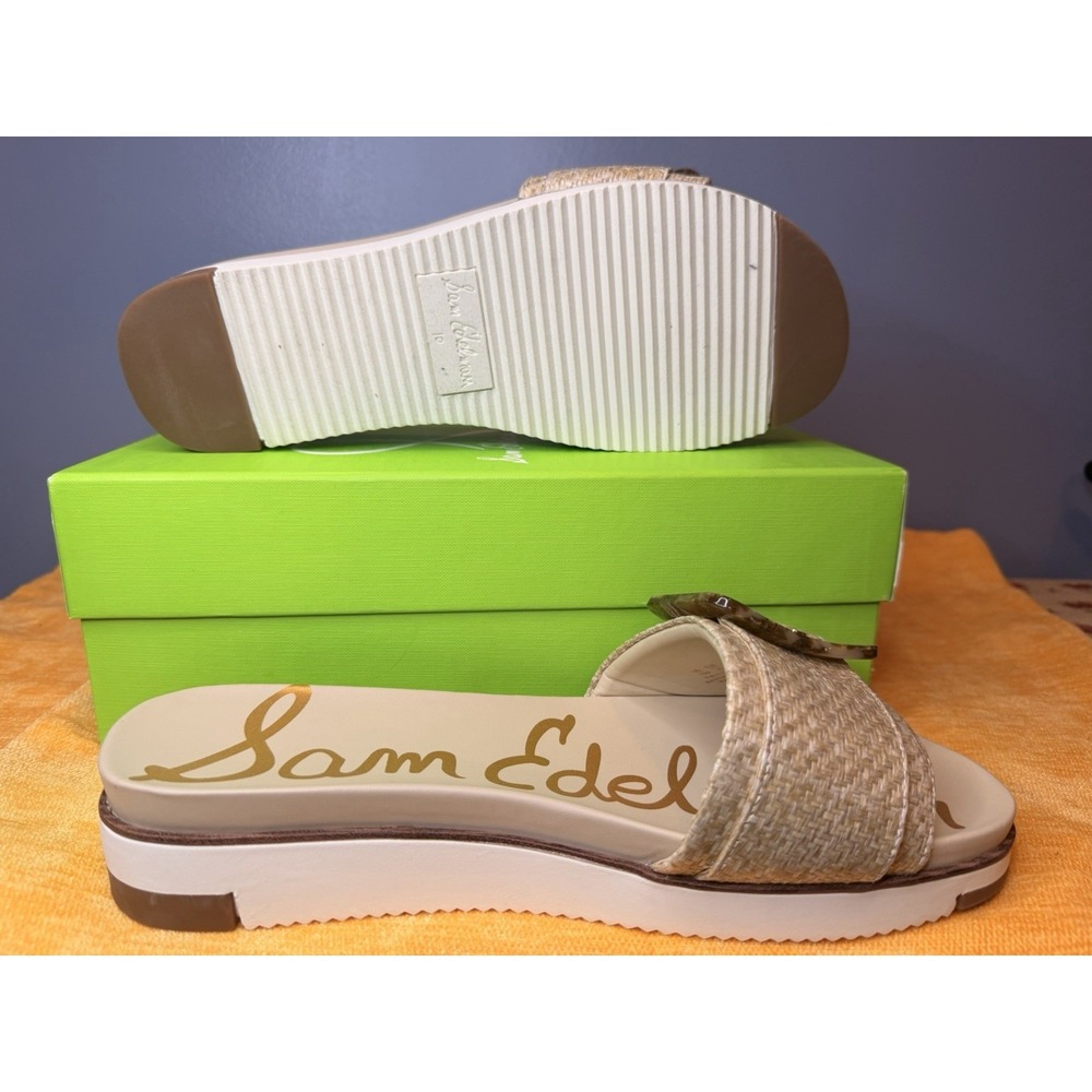 Sam Edelman Tan Raffia Slide Sandals with Tortoiseshell Buckles - Picture 3 of 5